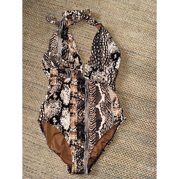 Bleu Rod Beattie Women's Walk on the Wild Side Plunge One Piece Swimsuit in Natu - Picture 2 of 4